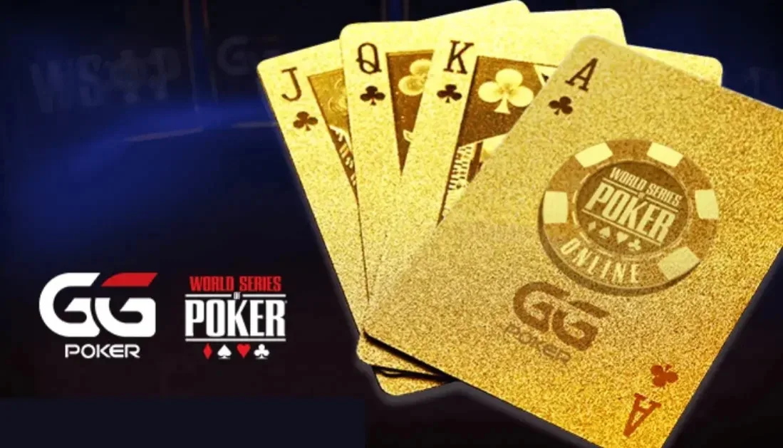 金色同花顺扑克牌 J、Q、K、A 与世界扑克大赛标志 金色同花顺扑克牌 J、Q、K、A 与世界扑克大赛标志